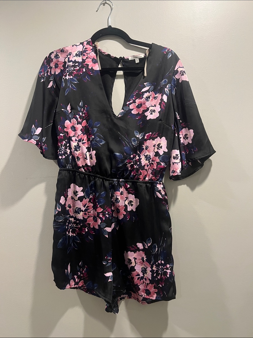 Charlotte Russe Black Romper with Pink Floral Print